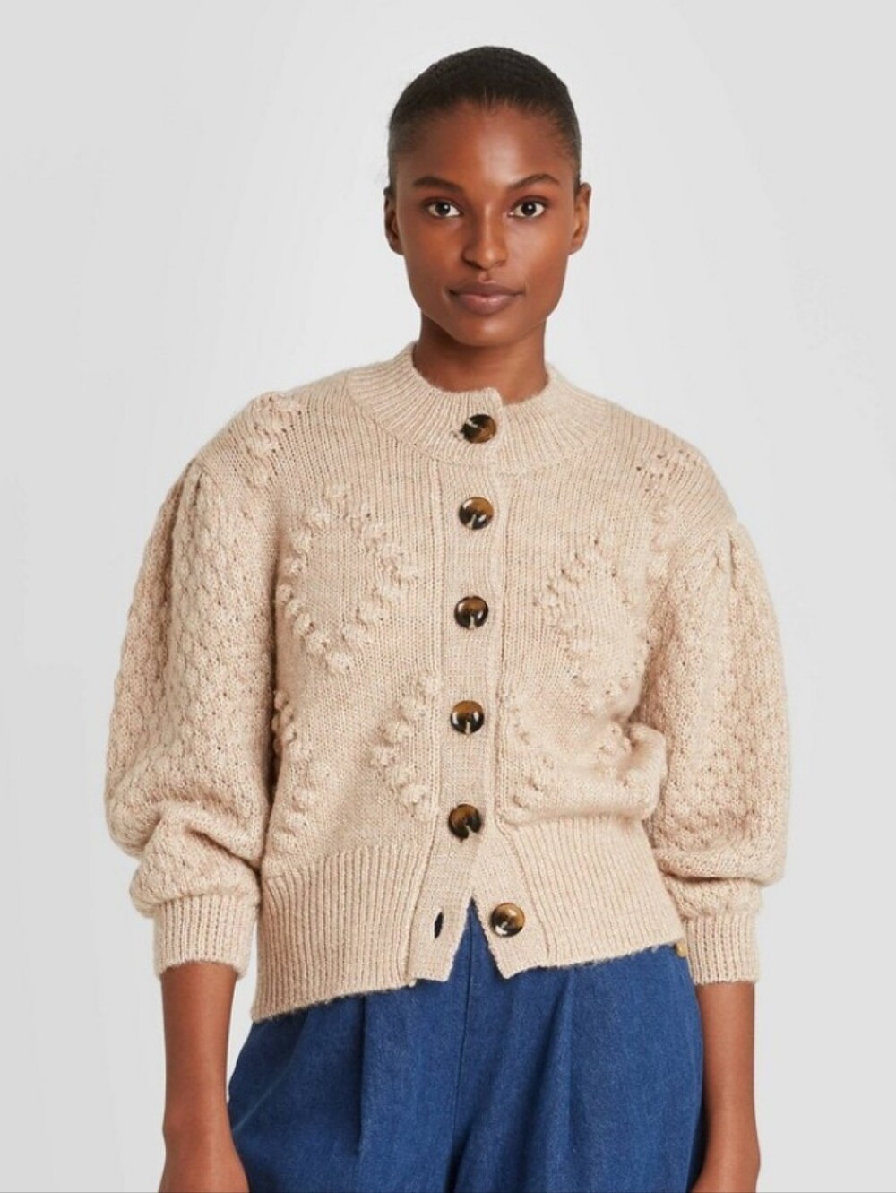 Who What Wear Beige Cottagecore Style Chunky Knit Button-Front Cardigan Sweater